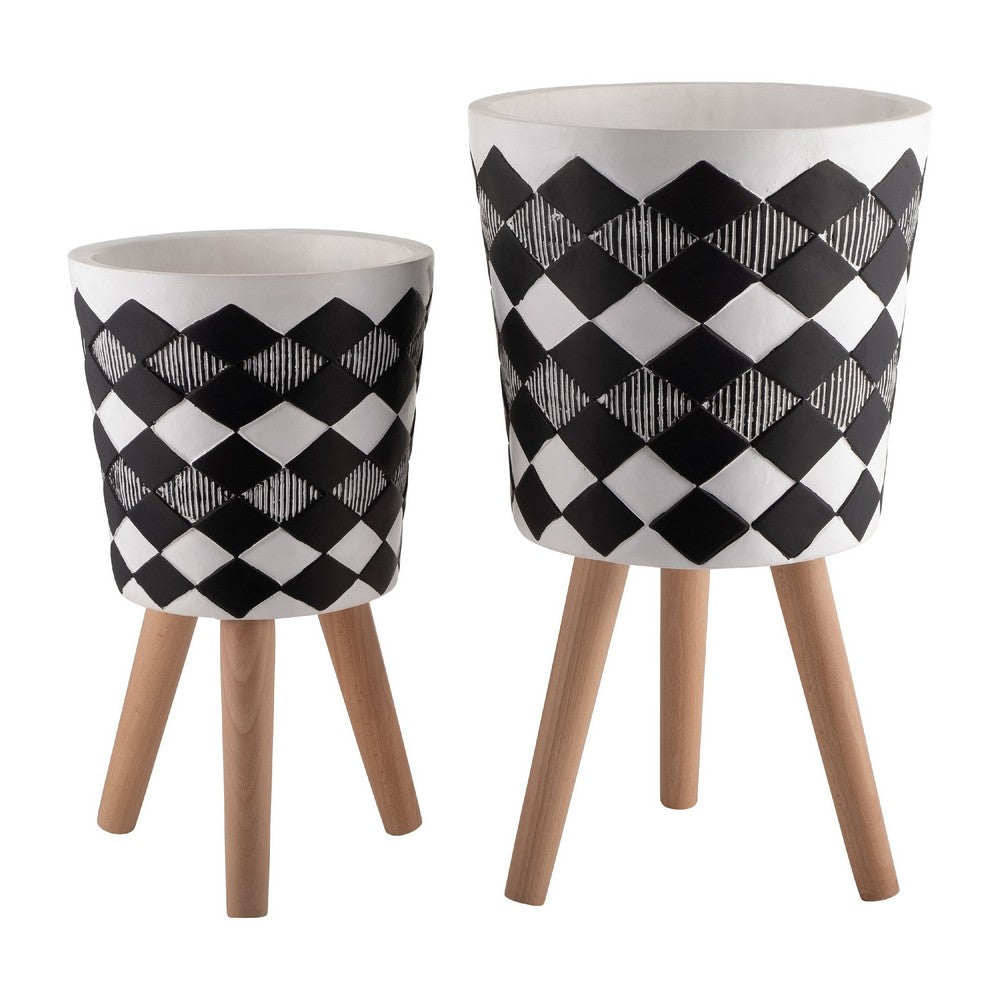 Planter on Tripod Stand Set of 2, Black White Diamond Pattern 10/12 Inch - BM349810