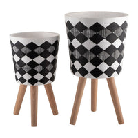 Planter on Tripod Stand Set of 2, Black White Diamond Pattern 10/12 Inch - BM349810