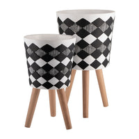 Planter on Tripod Stand Set of 2, Black White Diamond Pattern 10/12 Inch - BM349810