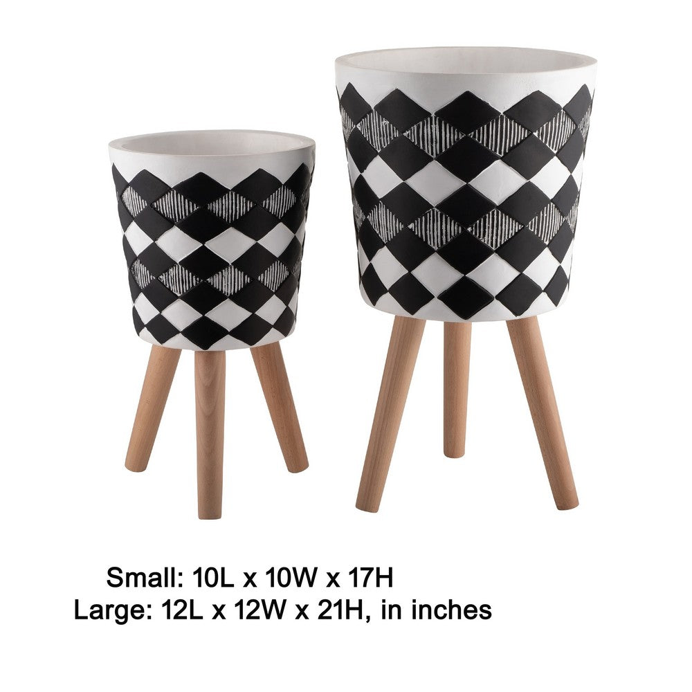 Planter on Tripod Stand Set of 2, Black White Diamond Pattern 10/12 Inch - BM349810