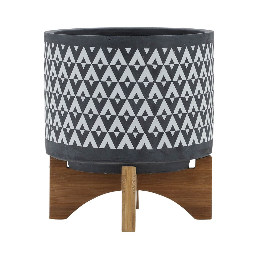 Jeny Flower Planter Pot on Stand, Gray and White Aztec Ceramic 8 Inch - BM349811
