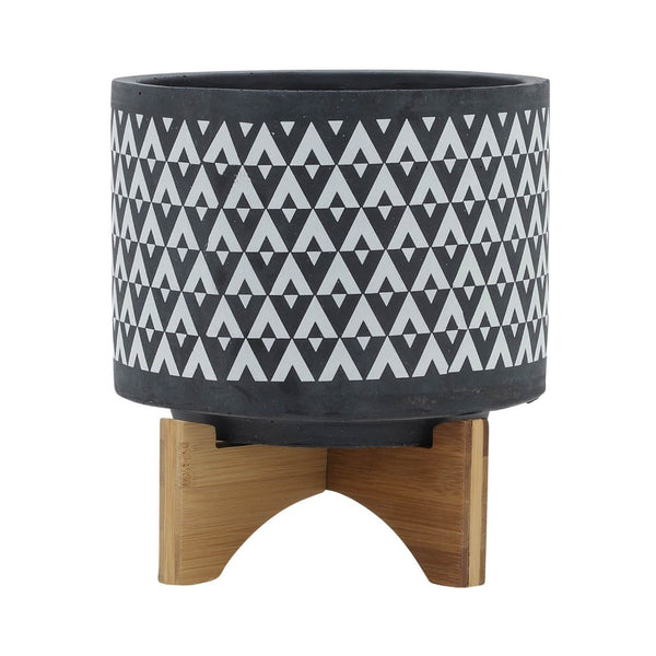 Jeny Flower Planter Pot on Stand, Gray and White Aztec Ceramic 8 Inch - BM349811