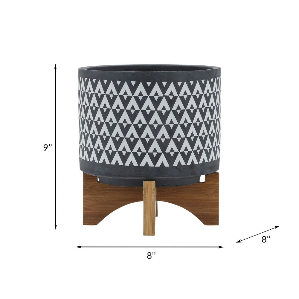 Jeny Flower Planter Pot on Stand, Gray and White Aztec Ceramic 8 Inch - BM349811