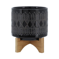 Jeny Flower Planter Pot on Wood Stand, Black Aztec Ceramic 8 Inch - BM349812