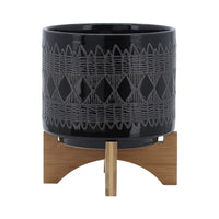 Jeny Flower Planter Pot on Wood Stand, Black Aztec Ceramic 8 Inch - BM349812