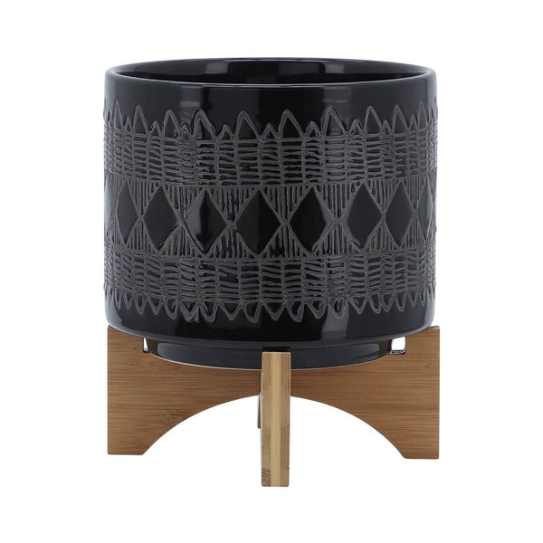 Jeny Flower Planter Pot on Wood Stand, Black Aztec Ceramic 8 Inch - BM349812