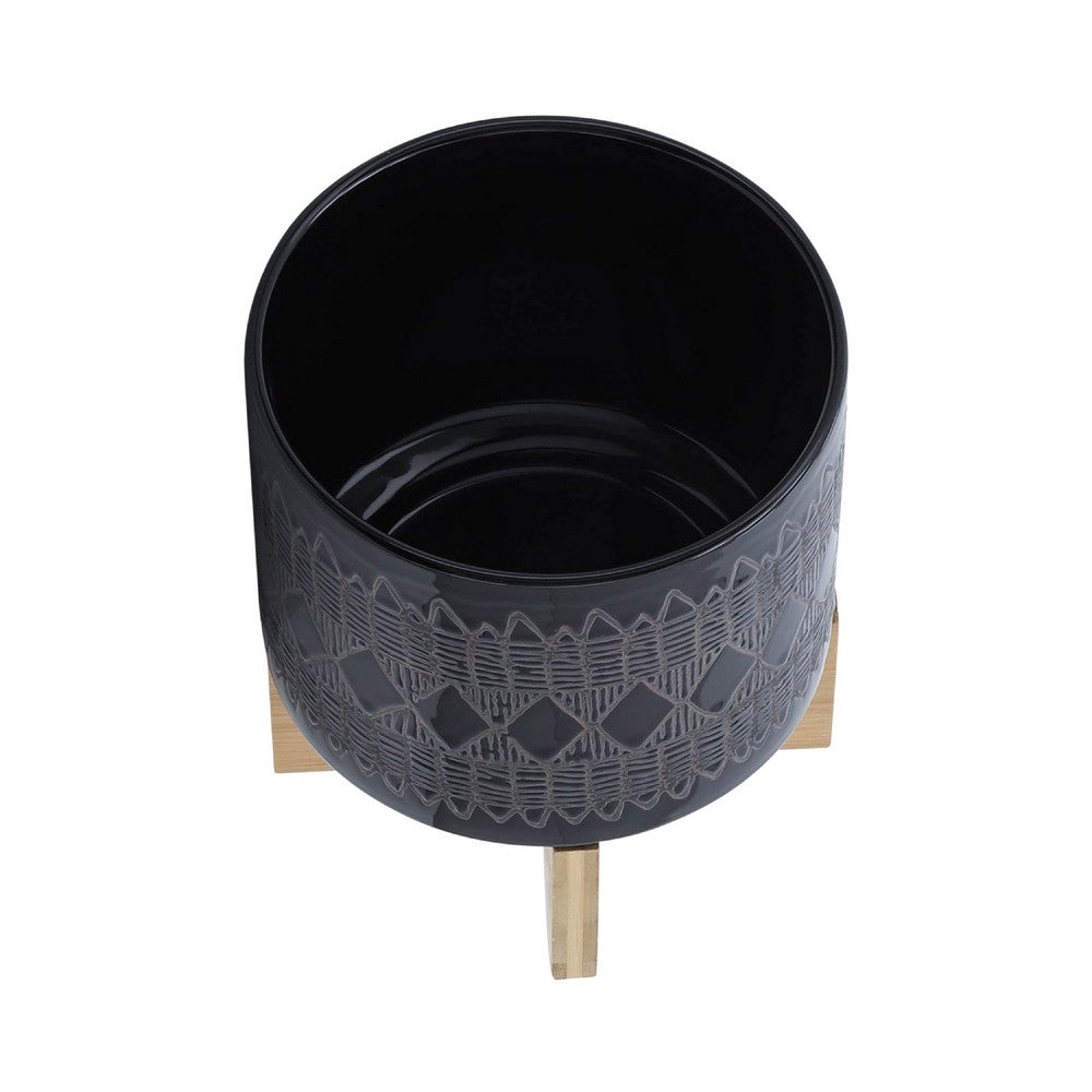 Jeny Flower Planter Pot on Wood Stand, Black Aztec Ceramic 8 Inch - BM349812