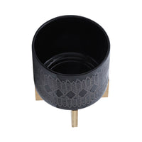 Jeny Flower Planter Pot on Wood Stand, Black Aztec Ceramic 8 Inch - BM349812