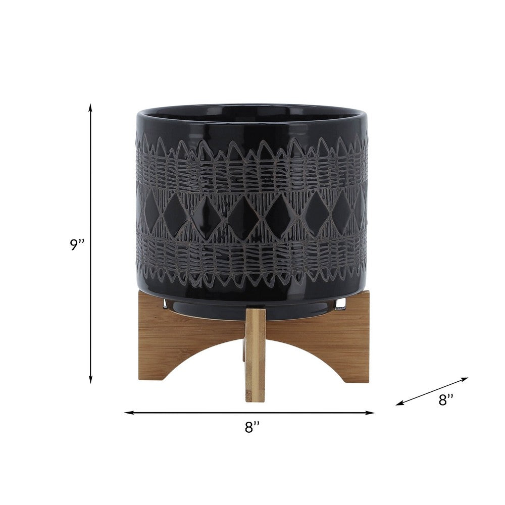 Jeny Flower Planter Pot on Wood Stand, Black Aztec Ceramic 8 Inch - BM349812