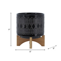 Jeny Flower Planter Pot on Wood Stand, Black Aztec Ceramic 8 Inch - BM349812