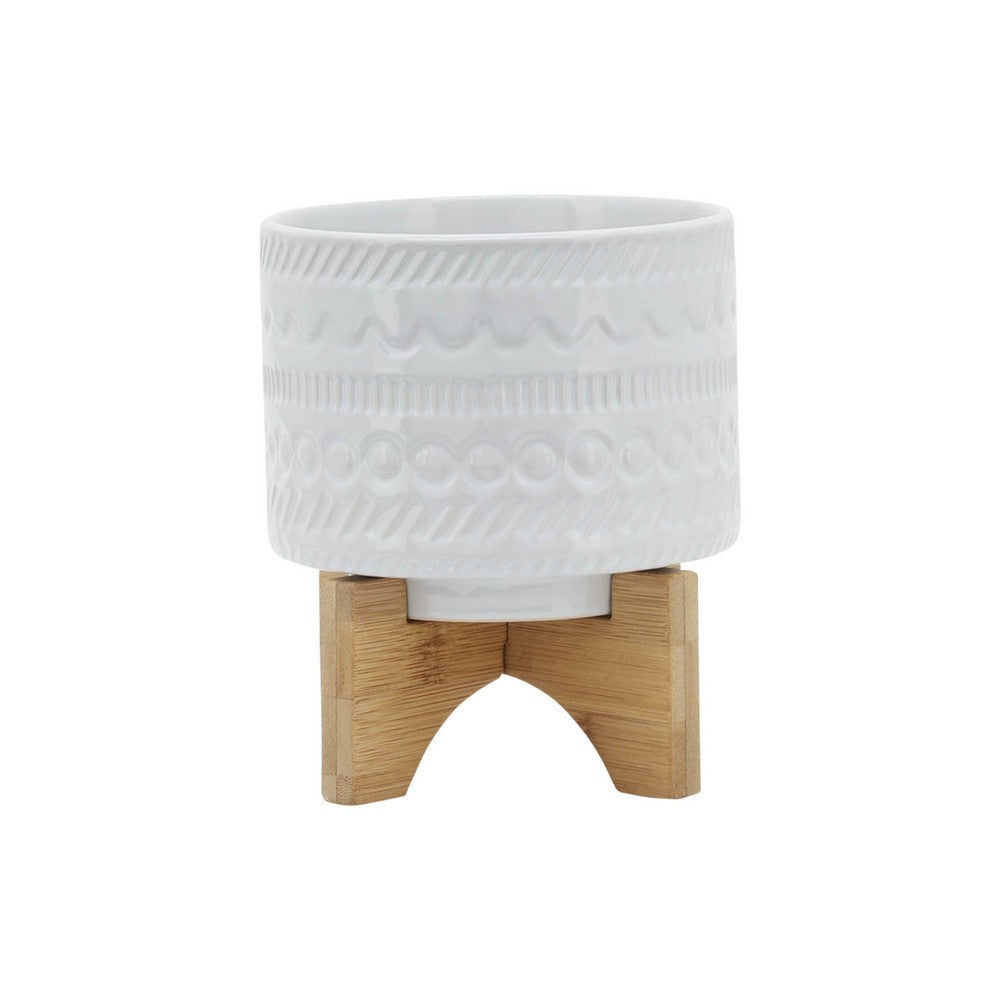 Jeny Flower Planter Pot on Wood Stand, White Tribal Ceramic, 5 Inch - BM349813