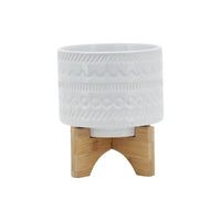 Jeny Flower Planter Pot on Wood Stand, White Tribal Ceramic, 5 Inch - BM349813