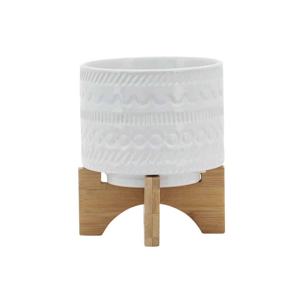 Jeny Flower Planter Pot on Wood Stand, White Tribal Ceramic, 5 Inch - BM349813
