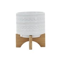 Jeny Flower Planter Pot on Wood Stand, White Tribal Ceramic, 5 Inch - BM349813