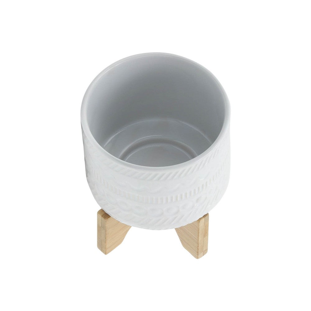 Jeny Flower Planter Pot on Wood Stand, White Tribal Ceramic, 5 Inch - BM349813