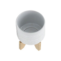 Jeny Flower Planter Pot on Wood Stand, White Tribal Ceramic, 5 Inch - BM349813
