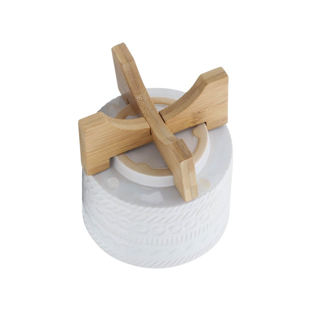 Jeny Flower Planter Pot on Wood Stand, White Tribal Ceramic, 5 Inch - BM349813