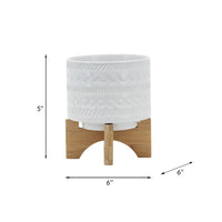 Jeny Flower Planter Pot on Wood Stand, White Tribal Ceramic, 5 Inch - BM349813