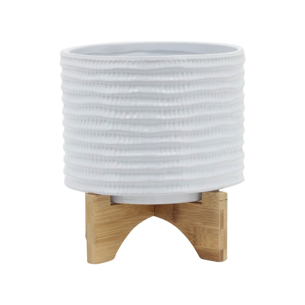 Jeny Flower Planter Pot on Wood Stand, White Textured Ceramic 8 Inch - BM349814