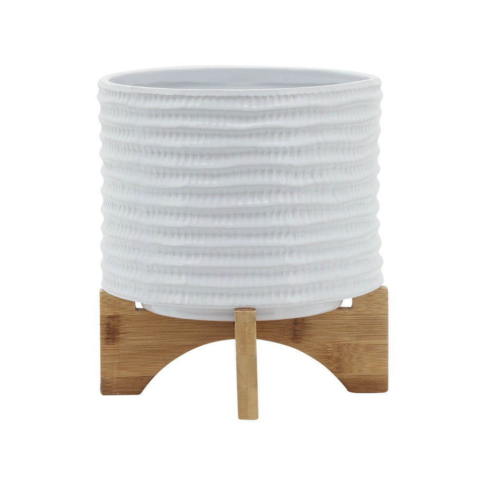 Jeny Flower Planter Pot on Wood Stand, White Textured Ceramic 8 Inch - BM349814