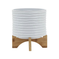 Jeny Flower Planter Pot on Wood Stand, White Textured Ceramic 8 Inch - BM349814
