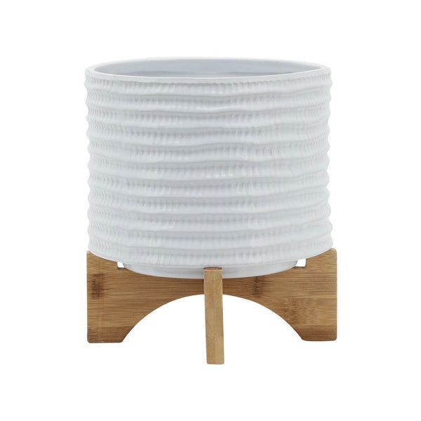 Jeny Flower Planter Pot on Wood Stand, White Textured Ceramic 8 Inch - BM349814