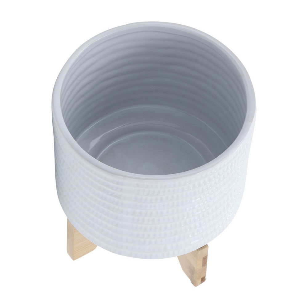 Jeny Flower Planter Pot on Wood Stand, White Textured Ceramic 8 Inch - BM349814