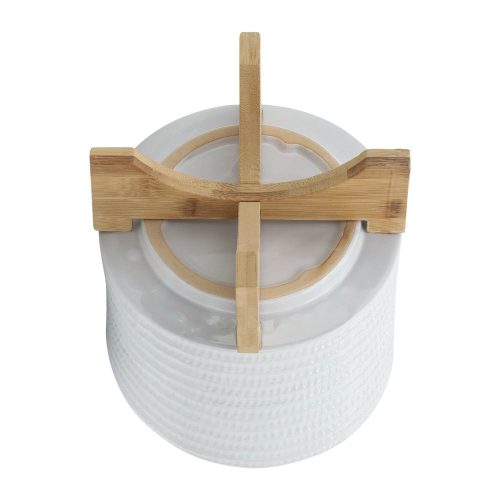 Jeny Flower Planter Pot on Wood Stand, White Textured Ceramic 8 Inch - BM349814