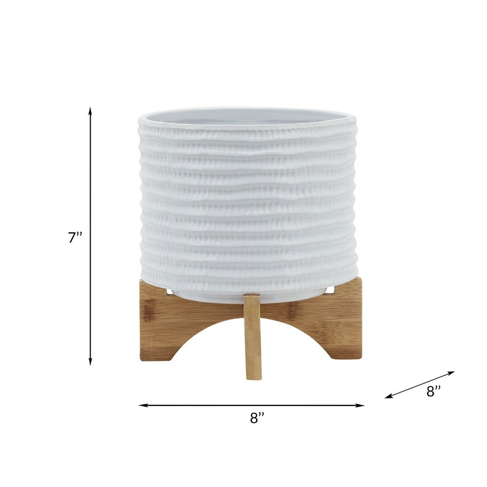 Jeny Flower Planter Pot on Wood Stand, White Textured Ceramic 8 Inch - BM349814