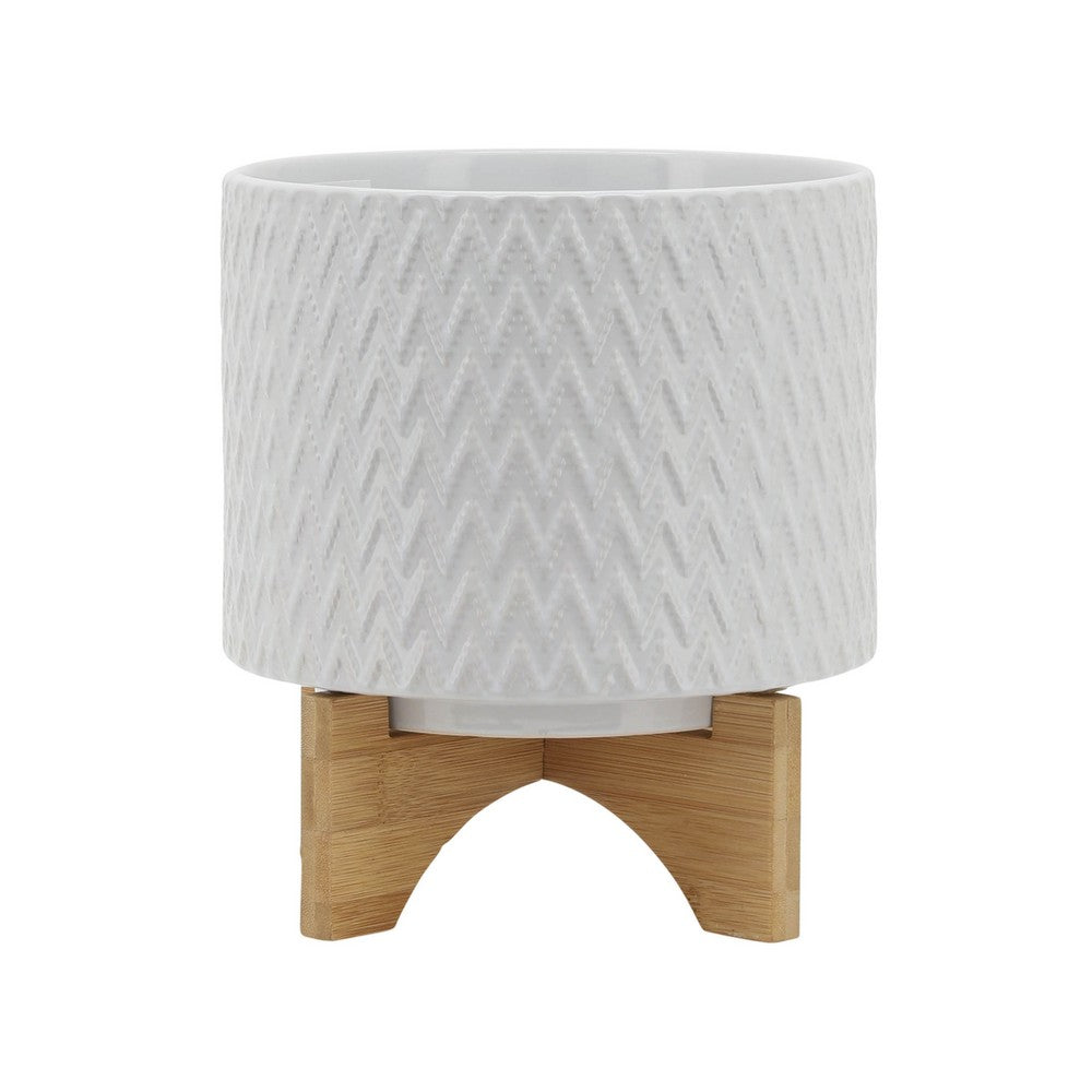 Jeny Flower Planter Pot on Wood Stand, White Chevron Ceramic 8 Inch - BM349815