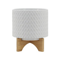 Jeny Flower Planter Pot on Wood Stand, White Chevron Ceramic 8 Inch - BM349815