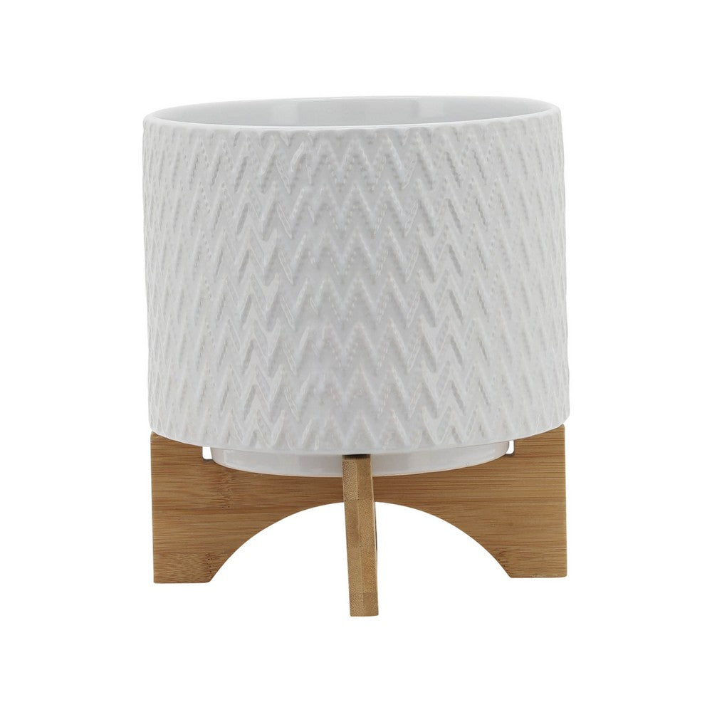 Jeny Flower Planter Pot on Wood Stand, White Chevron Ceramic 8 Inch - BM349815