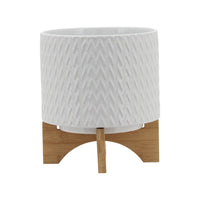 Jeny Flower Planter Pot on Wood Stand, White Chevron Ceramic 8 Inch - BM349815