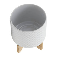 Jeny Flower Planter Pot on Wood Stand, White Chevron Ceramic 8 Inch - BM349815