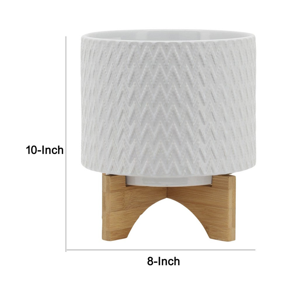 Jeny Flower Planter Pot on Wood Stand, White Chevron Ceramic 8 Inch - BM349815