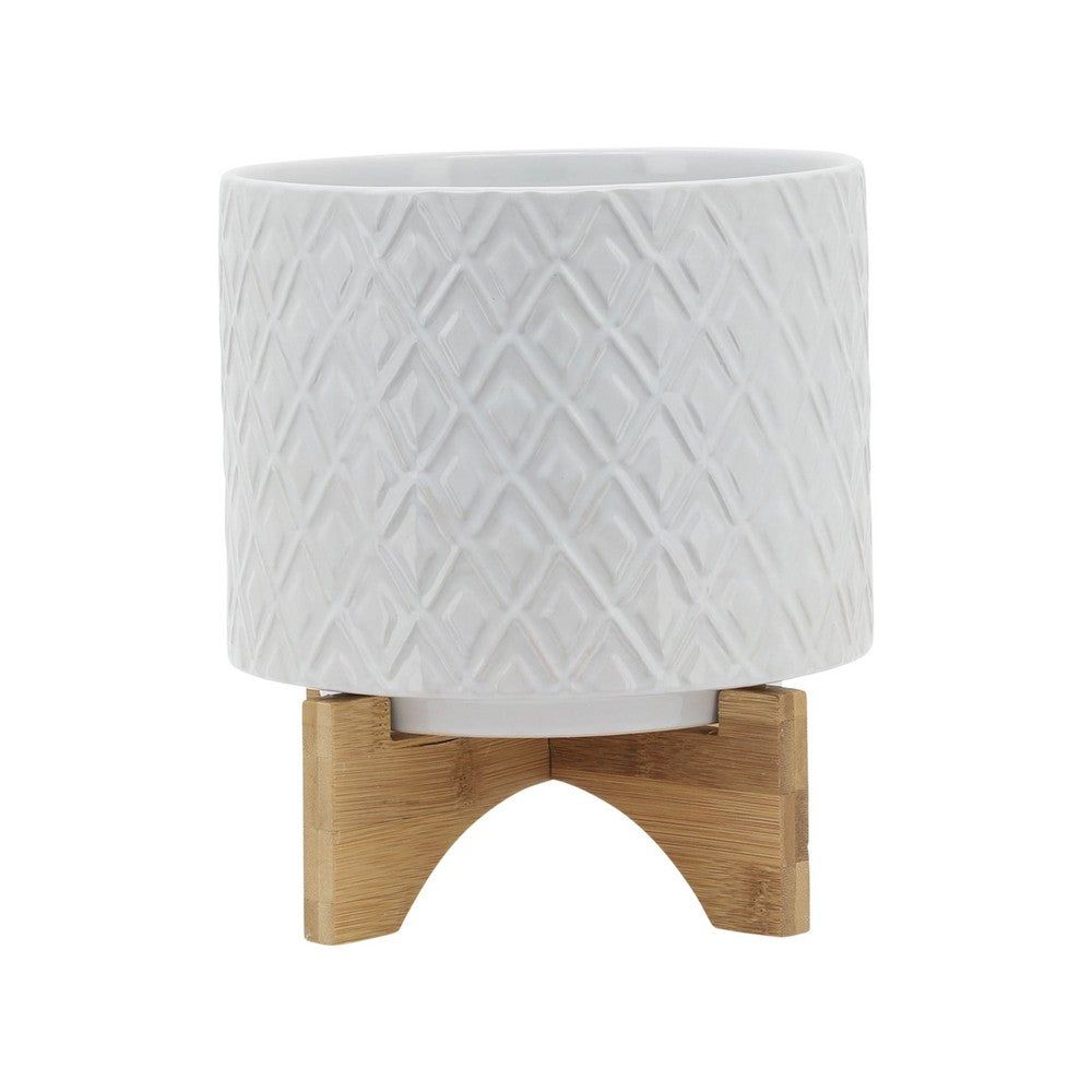 Jeny Flower Planter Pot on Wood Stand, White Diamond Ceramic 8 Inch - BM349816