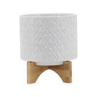 Jeny Flower Planter Pot on Wood Stand, White Diamond Ceramic 8 Inch - BM349816