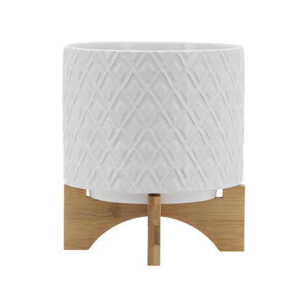 Jeny Flower Planter Pot on Wood Stand, White Diamond Ceramic 8 Inch - BM349816