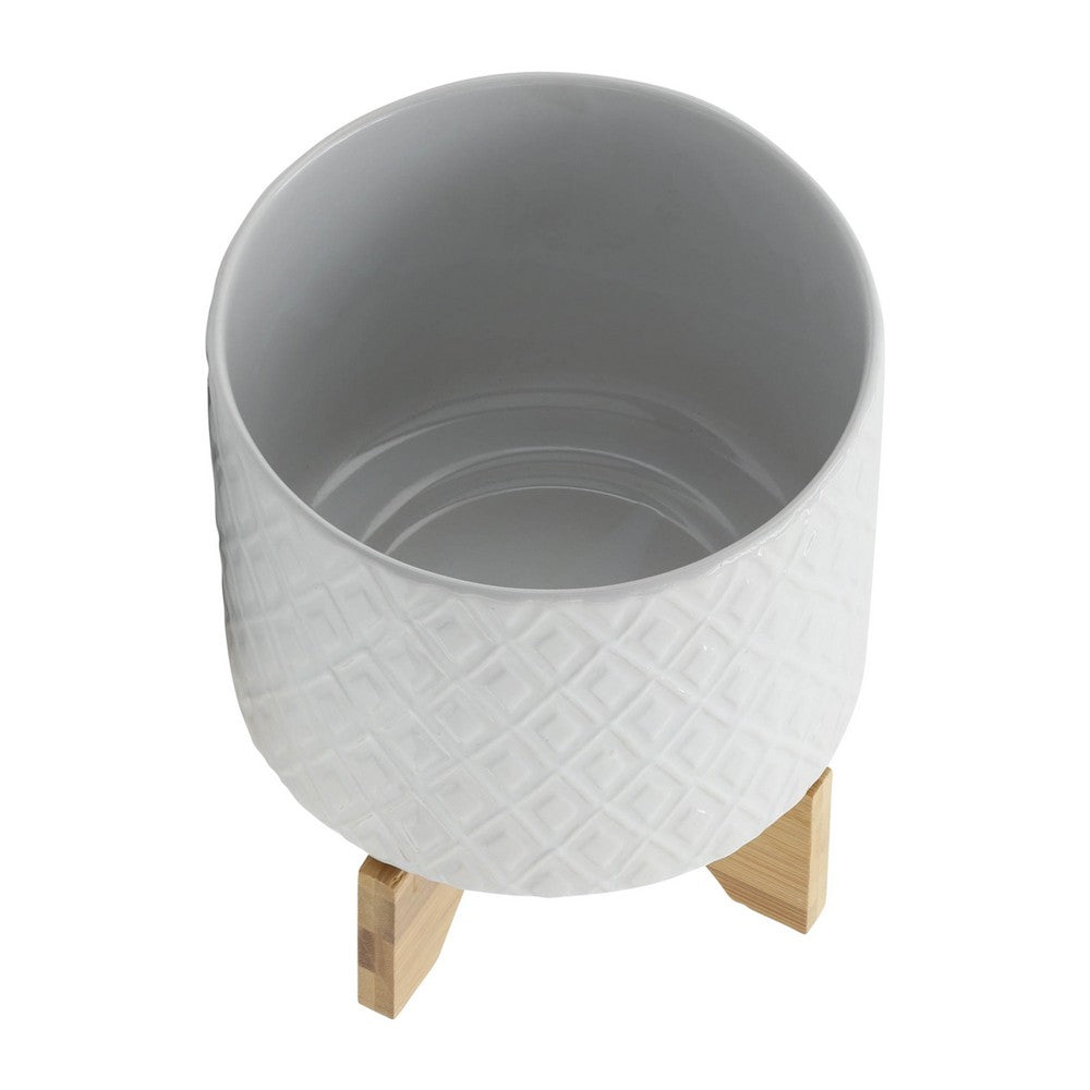 Jeny Flower Planter Pot on Wood Stand, White Diamond Ceramic 8 Inch - BM349816