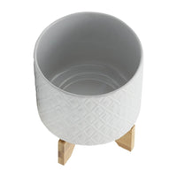 Jeny Flower Planter Pot on Wood Stand, White Diamond Ceramic 8 Inch - BM349816