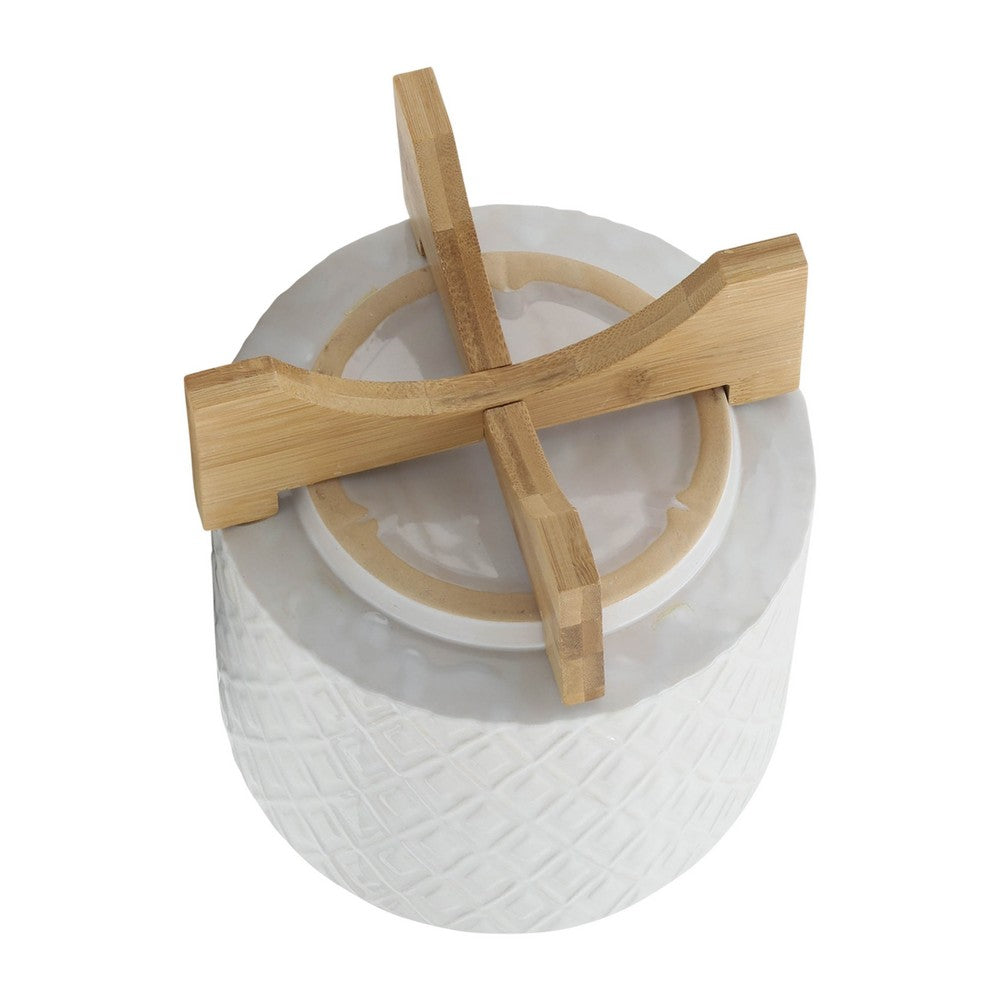 Jeny Flower Planter Pot on Wood Stand, White Diamond Ceramic 8 Inch - BM349816