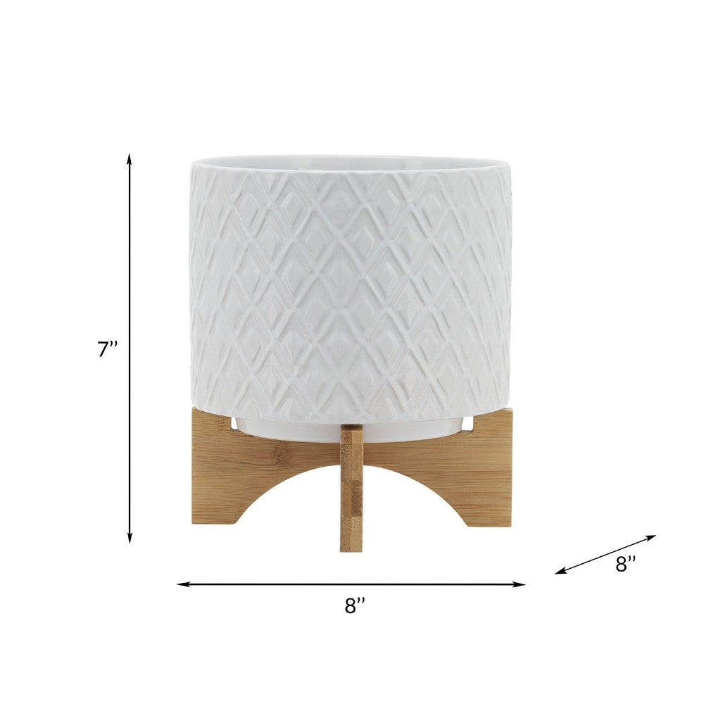 Jeny Flower Planter Pot on Wood Stand, White Diamond Ceramic 8 Inch - BM349816