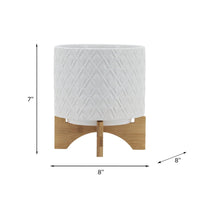 Jeny Flower Planter Pot on Wood Stand, White Diamond Ceramic 8 Inch - BM349816