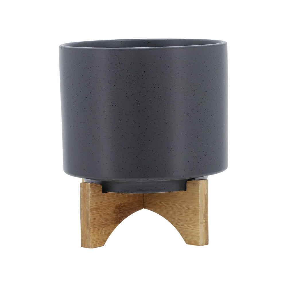 Jeny Flower Planter Pot on Wood Stand, Dark Gray Glazed Ceramic 8 Inch - BM349817