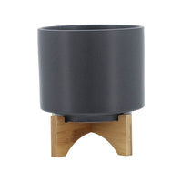 Jeny Flower Planter Pot on Wood Stand, Dark Gray Glazed Ceramic 8 Inch - BM349817