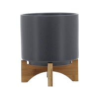 Jeny Flower Planter Pot on Wood Stand, Dark Gray Glazed Ceramic 8 Inch - BM349817