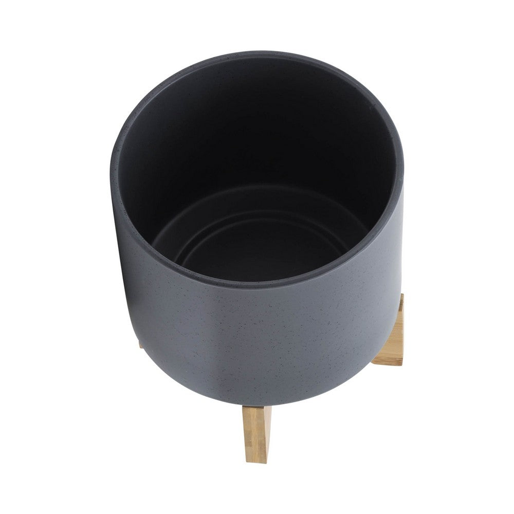 Jeny Flower Planter Pot on Wood Stand, Dark Gray Glazed Ceramic 8 Inch - BM349817