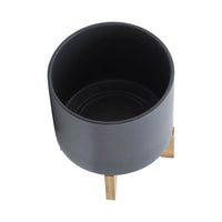 Jeny Flower Planter Pot on Wood Stand, Dark Gray Glazed Ceramic 8 Inch - BM349817