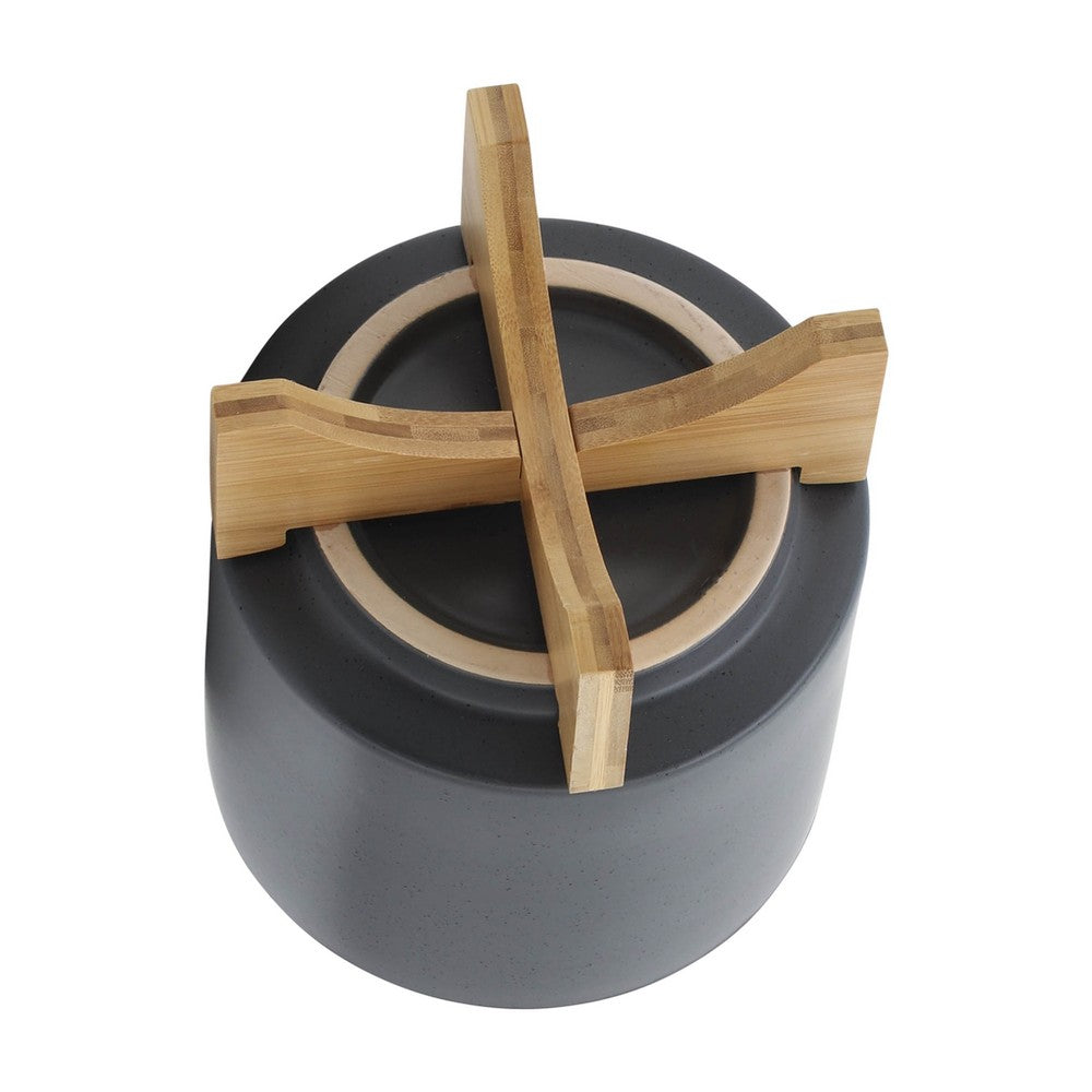 Jeny Flower Planter Pot on Wood Stand, Dark Gray Glazed Ceramic 8 Inch - BM349817