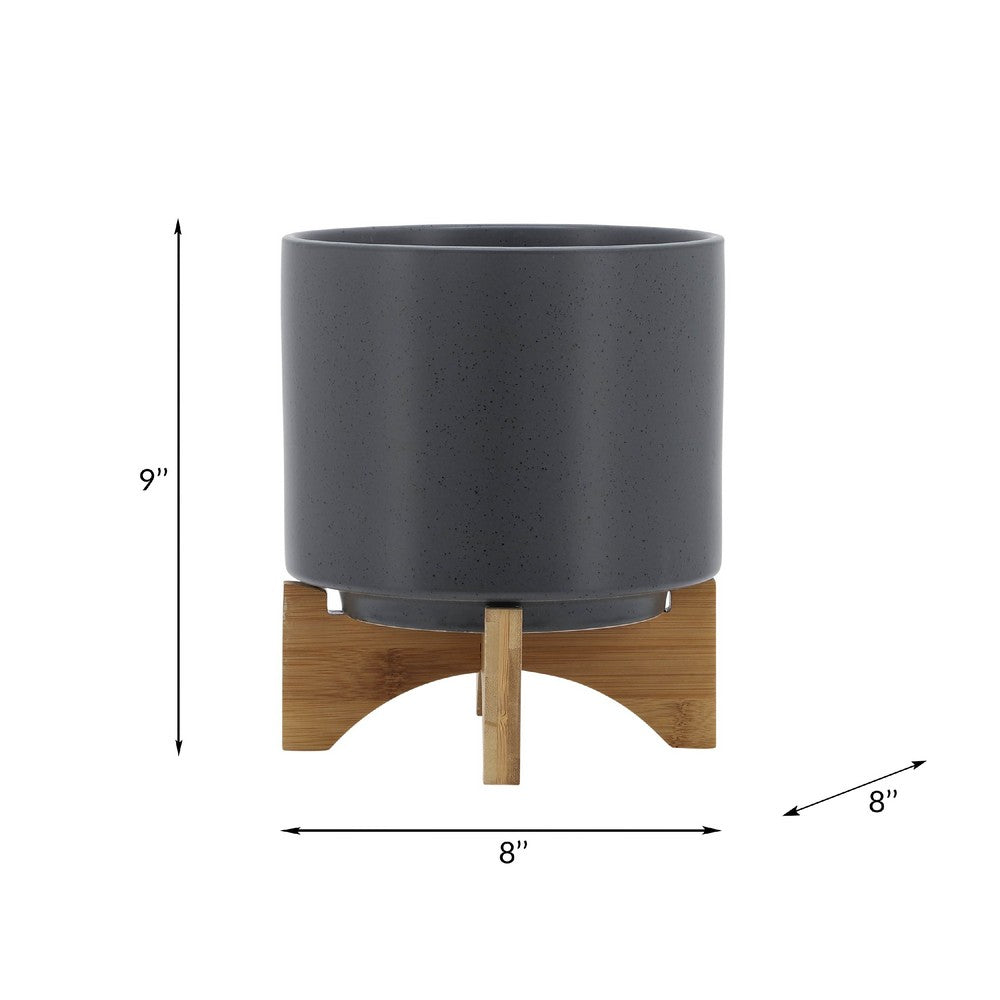 Jeny Flower Planter Pot on Wood Stand, Dark Gray Glazed Ceramic 8 Inch - BM349817